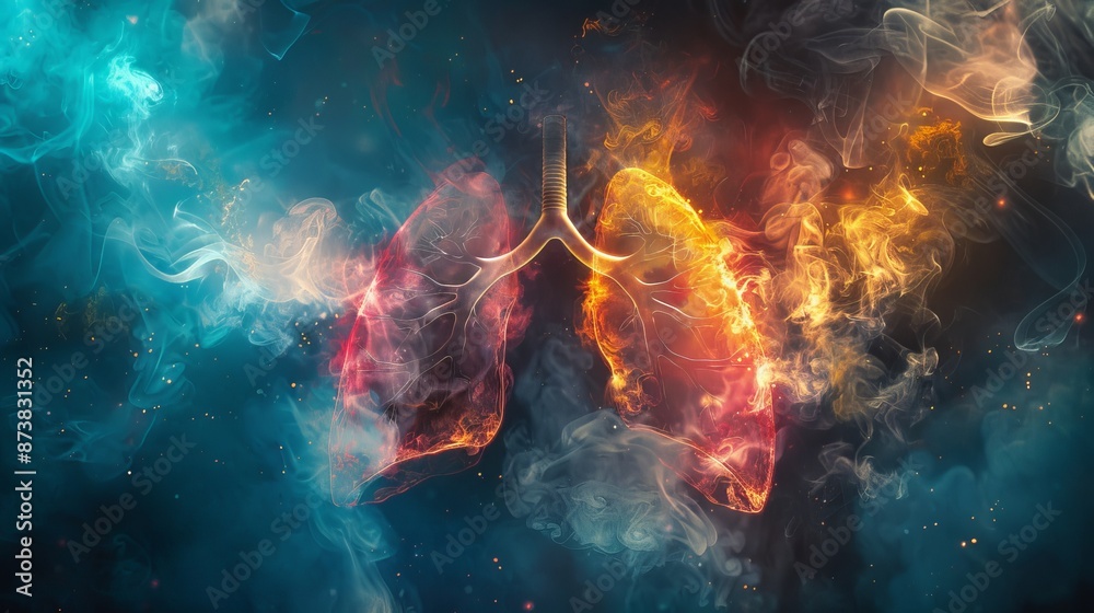 Lungs surrounded by toxic smoke, vivid colors, strong visual impact, clear anti-smoking message, healthcare promotion Lungs surrounded by toxic smoke, vivid colors, strong visual impact, clear anti-smoking message, healthcare promotion