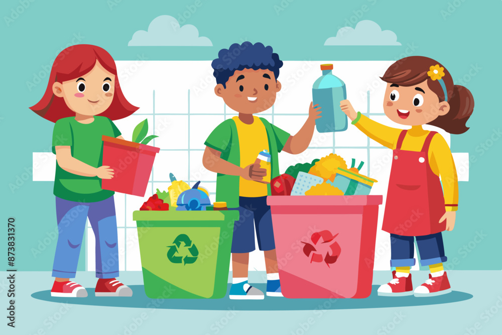 Flat vector illustration of kids actively participating in recycling, sorting different types of waste.