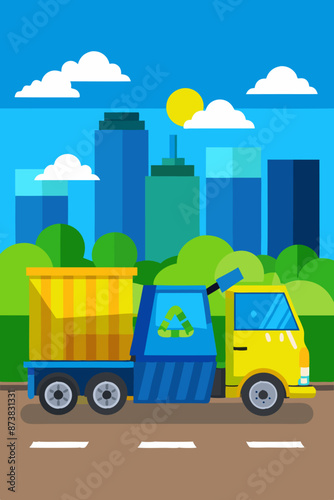 Flat vector illustration of a recycling truck in a city, collecting recyclable materials to promote sustainability.
