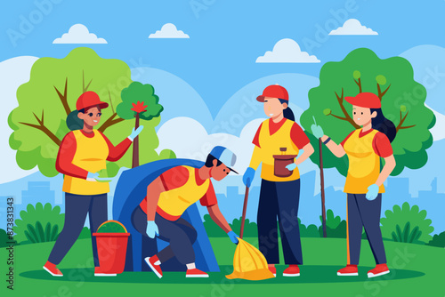 Flat vector illustration of a group of volunteers cleaning up a park, collecting trash and planting trees.