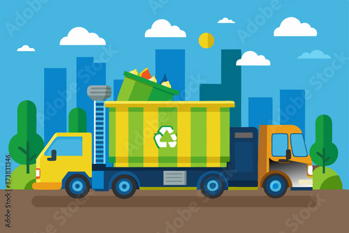 Flat vector illustration of a recycling truck in a city setting, collecting recyclable materials.