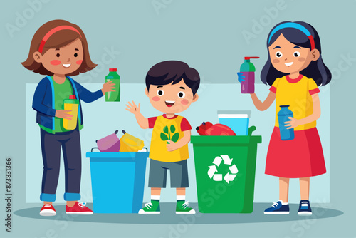 Flat vector illustration of kids sorting waste into recycling bins, teaching about sustainability and recycling.