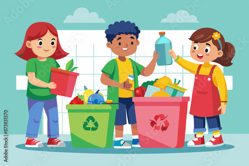 Flat vector illustration of kids actively participating in recycling, sorting different types of waste.