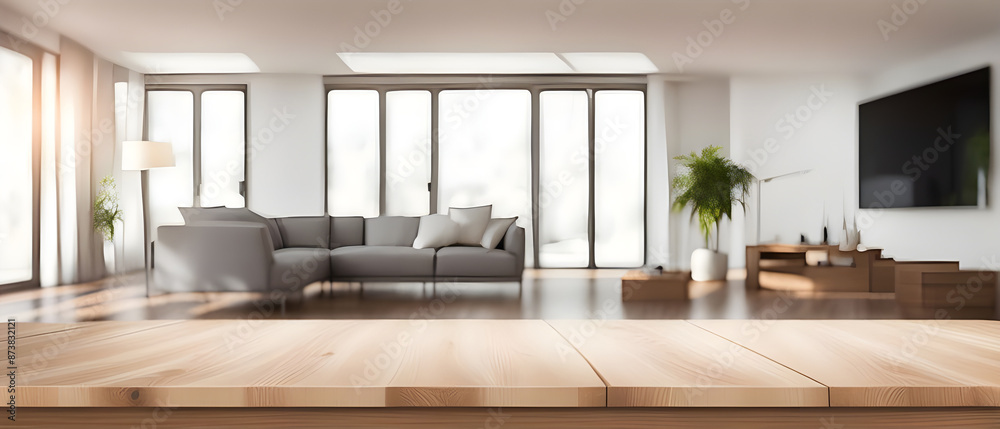 Empty table with abstract blurred background. blur living room. for product display.