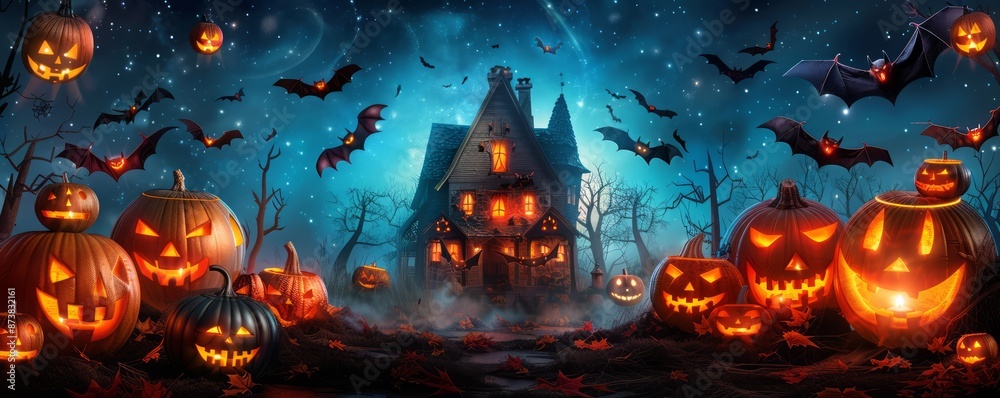 a Halloween setting with a haunted house, flying bats, and carved pumpkins with menacing expressions, all under a dark, starry sky, offering clear copy space for text a Halloween setting with a haunted house, flying bats, and carved pumpkins with menacing expressions, all under a dark, starry sky, offering clear copy space for text