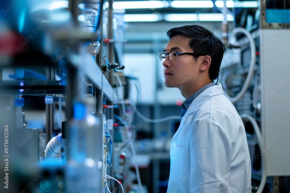 A man is standing in front of a machine in a factory, overseeing its operation, An engineer surrounded by cutting-edge technology in a laboratory