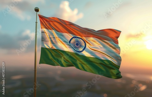 Indian Flag Waving in the Sunset