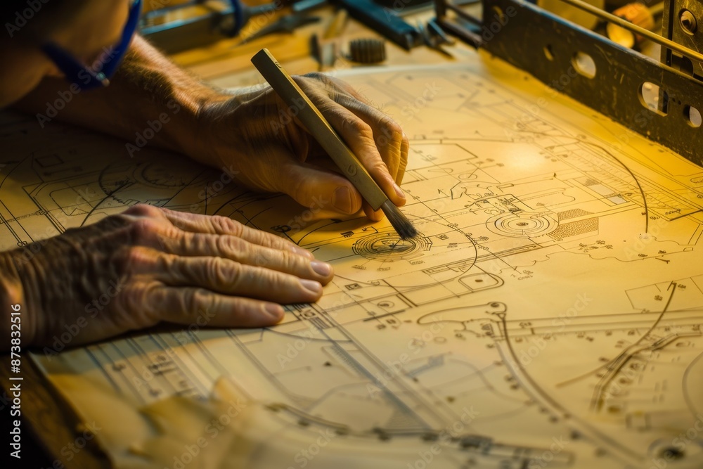 An engineer meticulously drawing on a wooden surface to create a detailed blueprint for machinery design, An engineer working on an intricate machinery blueprint An engineer meticulously drawing on a wooden surface to create a detailed blueprint for machinery design, An engineer working on an intricate machinery blueprint