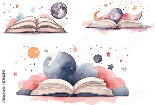 "Watercolor Style Magic Book Vector Art: Enchanting and Whimsical Designs"