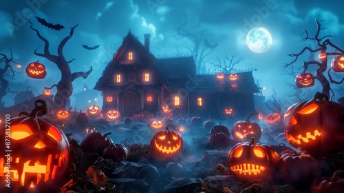 a haunted house on a foggy night, surrounded by carved pumpkins and twisted trees, with an eerie glow from the full moon, providing ample copy space for text © thekob5123