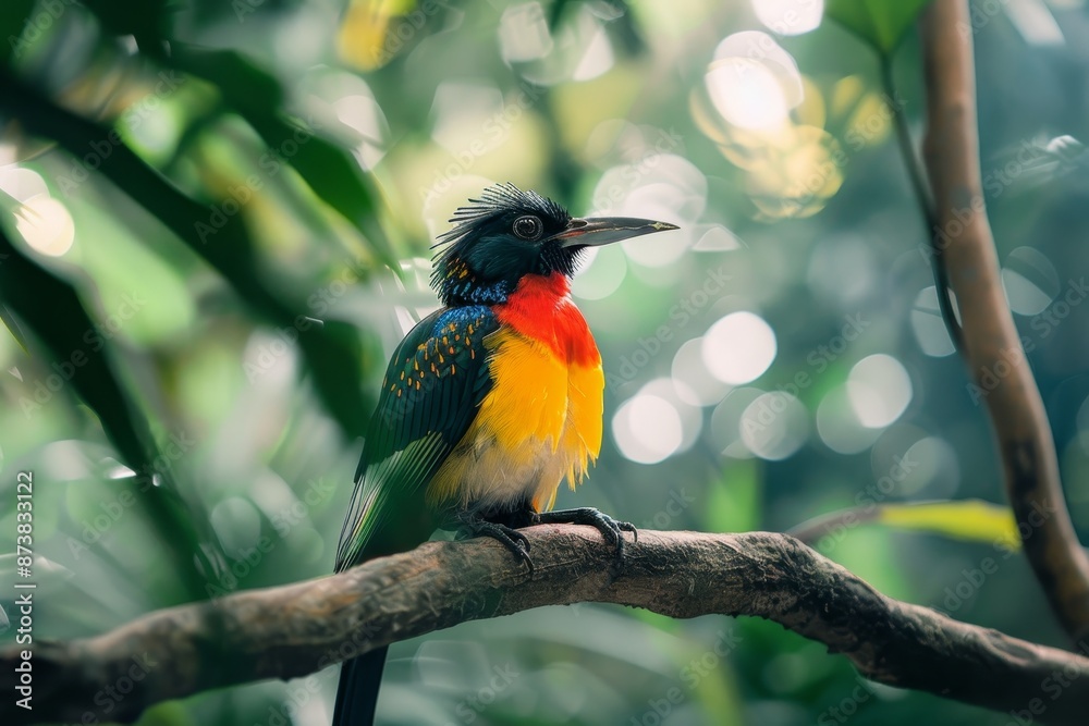 Obraz premium A vibrant bird with colorful feathers perched on a tree branch, An exotic bird with vibrant feathers perched on a branch