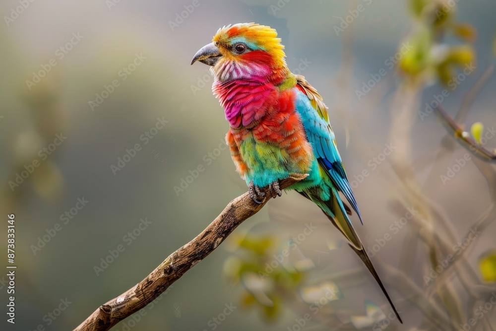 Fototapeta premium A vibrant bird with colorful feathers sitting on top of a tree branch, An exotic bird with vibrant feathers perched on a branch
