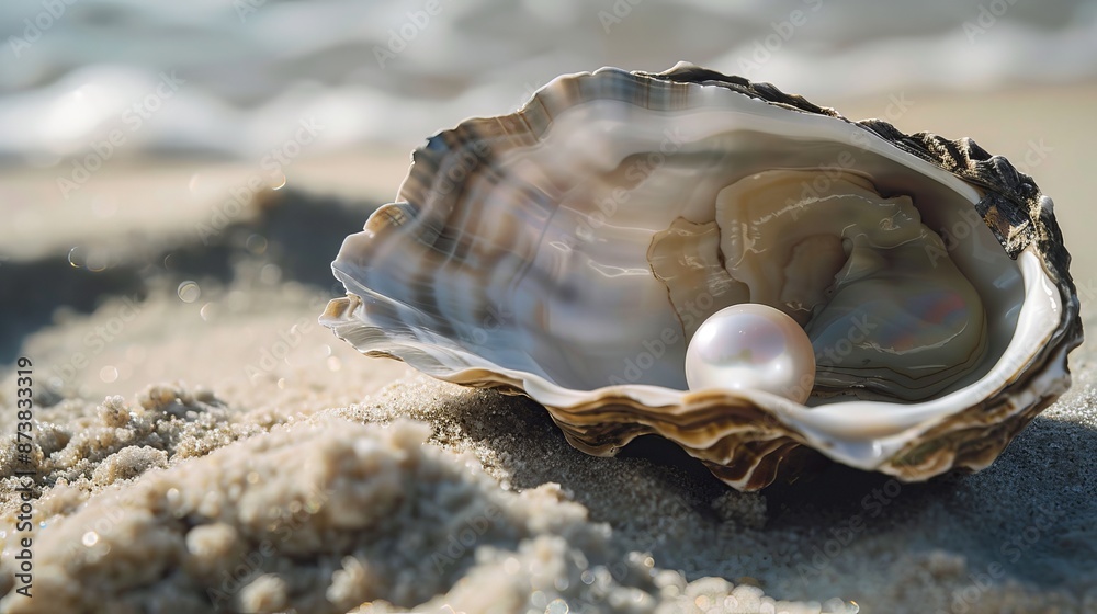A pristine white pearl rests in an open oyster shell on the sandy shore, leaving ample space for your message or design. A pristine white pearl rests in an open oyster shell on the sandy shore, leaving ample space for your message or design.