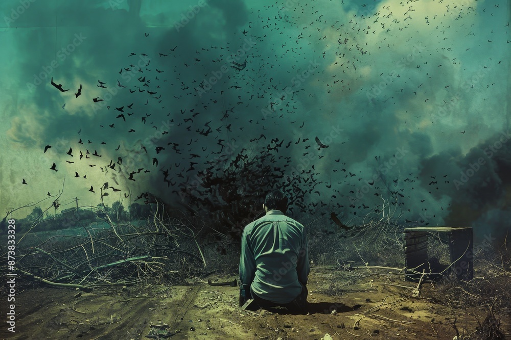 A man sits on the ground, surrounded by a group of birds, An exploration of the emotional toll of bankruptcy through surreal imagery A man sits on the ground, surrounded by a group of birds, An exploration of the emotional toll of bankruptcy through surreal imagery