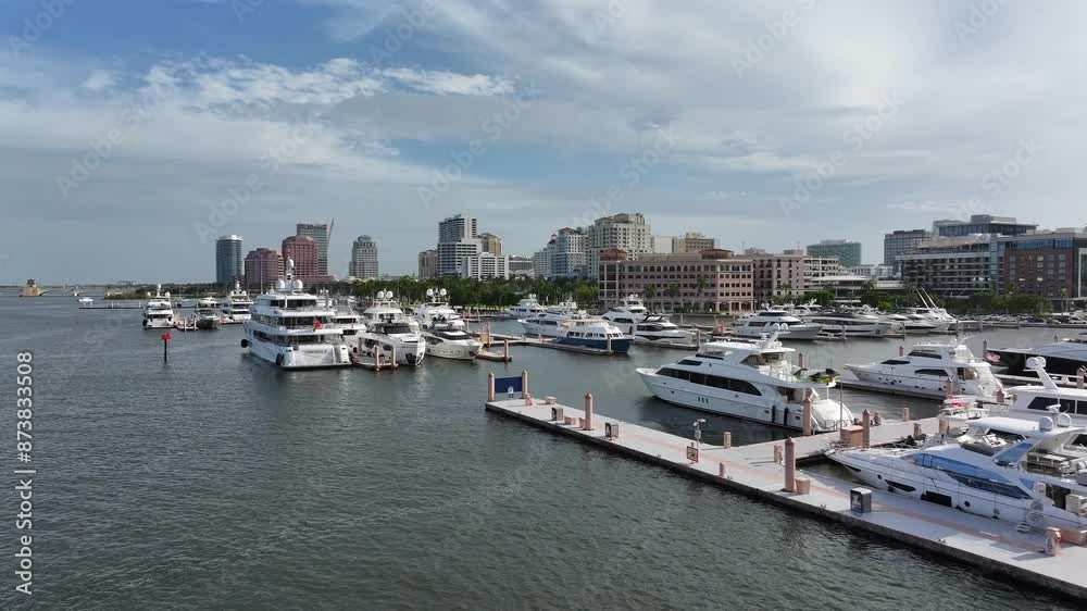 Aerial establishing shot of parking yachts at port of Palm Harbor Marina during sunny day. Downtown of West Palm Beach in background. Aerial establishing shot of parking yachts at port of Palm Harbor Marina during sunny day. Downtown of West Palm Beach in background.