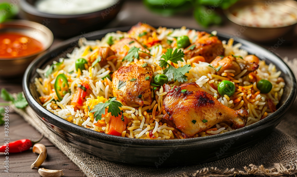 Delicious Spicy Chicken Biryani with Fresh Veggies and Herbs in a Rustic Setting, Ideal for Authentic Indian Cuisine Lovers and Food Photography Enthusiasts, Close-Up Shot in Natural Light Delicious Spicy Chicken Biryani with Fresh Veggies and Herbs in a Rustic Setting, Ideal for Authentic Indian Cuisine Lovers and Food Photography Enthusiasts, Close-Up Shot in Natural Light