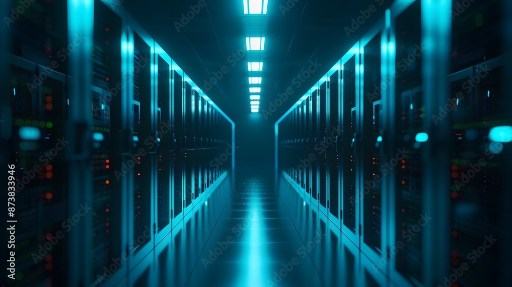 Modern data center corridor with server racks illuminated by blue light, representing advanced technology and efficient data management.