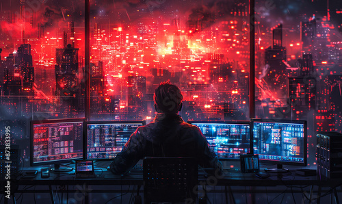 Military Surveillance Officer Monitoring City Activity in Advanced Cyber Control Hub at Night for National Security and Army Communications photo