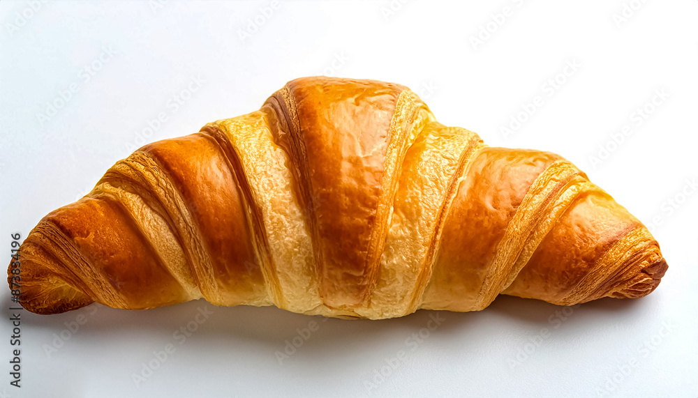 Creative food concept. Single plain croissant on white background. Fresh baked pastry, close up. Creative food concept. Single plain croissant on white background. Fresh baked pastry, close up.