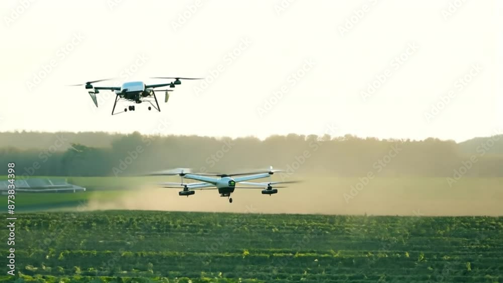 applying fertiliser using a drone to green vegetable plants Farm automation and agriculture technology applying fertiliser using a drone to green vegetable plants Farm automation and agriculture technology