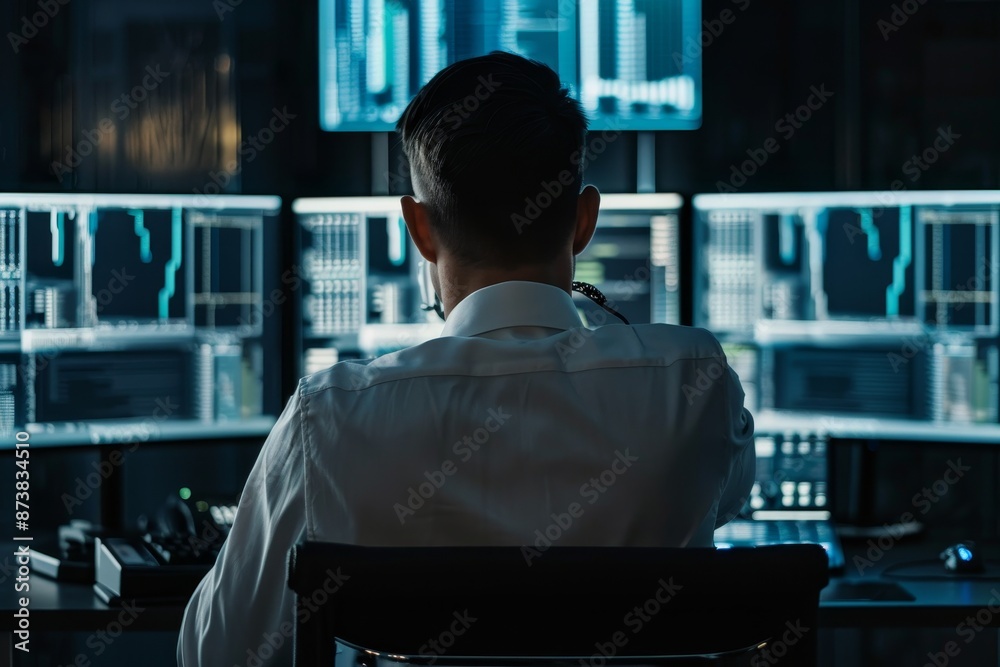 A man sits at a desk, working on multiple computer monitors in an office setting, An incident response manager coordinating a response to a cyber attack A man sits at a desk, working on multiple computer monitors in an office setting, An incident response manager coordinating a response to a cyber attack