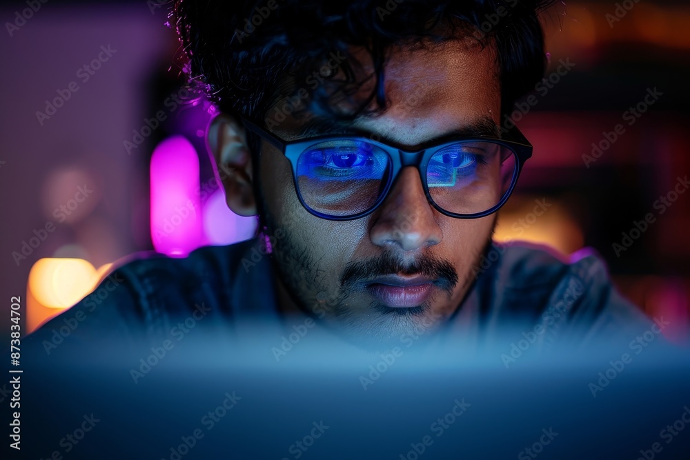Indian man wearing glasses focused on computer screen, An Indian man with glasses and a focused expression coding on a laptop Indian man wearing glasses focused on computer screen, An Indian man with glasses and a focused expression coding on a laptop