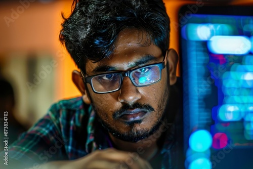 An Indian man wearing glasses is focused on his computer screen, An Indian man with glasses and a focused expression coding on a laptop