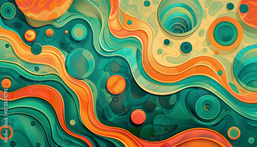 A modern abstract image featuring green and orange circles and waves