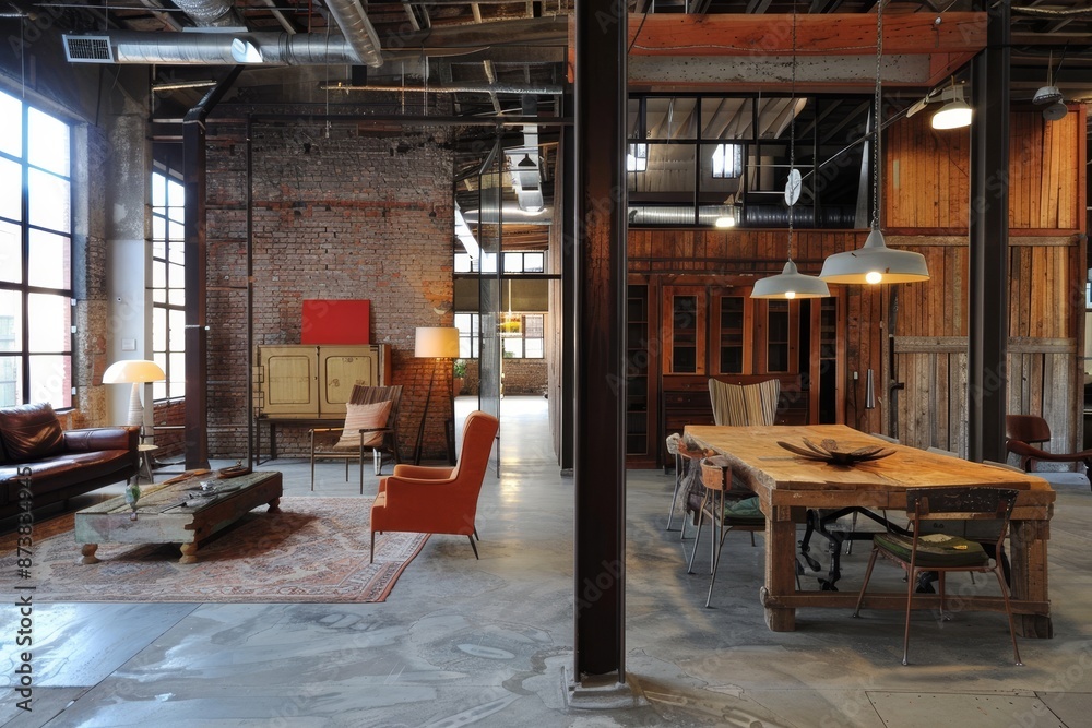 Fototapeta premium A living room filled with furniture and lots of windows, providing ample natural light, An industrial warehouse converted into a trendy office space