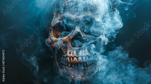 No smoking banner with a skull formed by smoke, impactful and dramatic visual to convey the dangers of smoking, dark and intense style