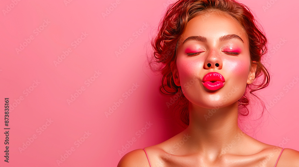 Obraz premium Beautiful model with bright makeup blowing air kiss on pink background