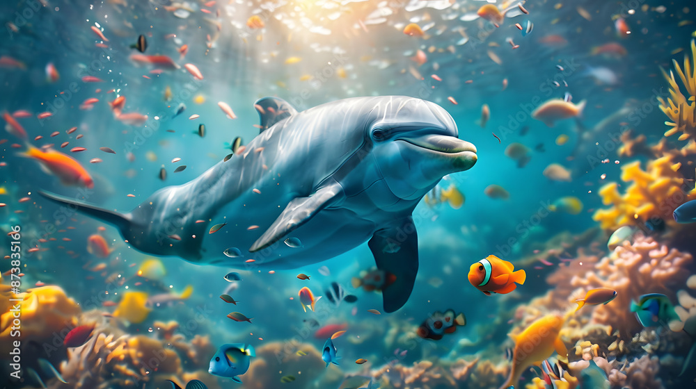 Fototapeta premium A dolphin is swimming underwater