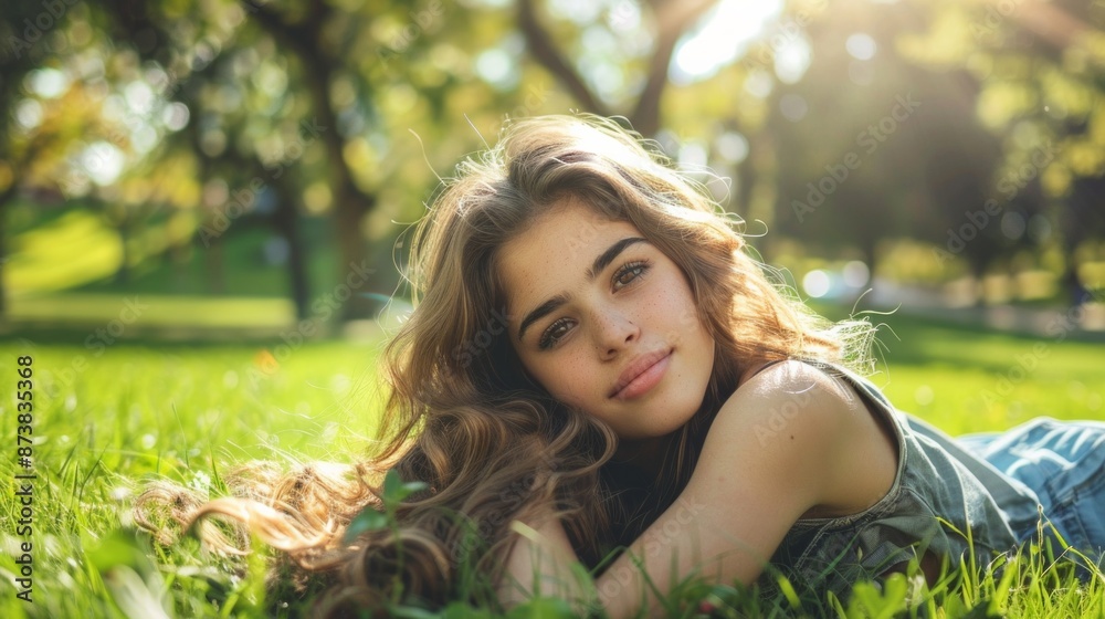 Woman lying on the grass in a park relaxing and resting Woman lying on the grass in a park relaxing and resting