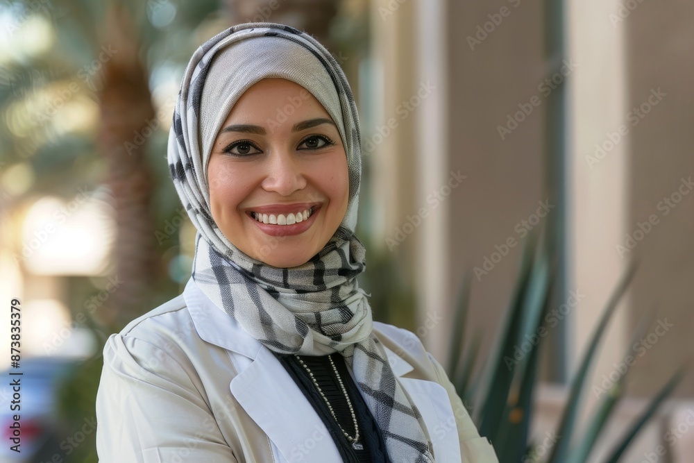 A woman wearing a headscarf smiles for the camera, An innovative healthcare company led by a Muslim businesswoman, dedicated to providing quality medical services to underserved communities A woman wearing a headscarf smiles for the camera, An innovative healthcare company led by a Muslim businesswoman, dedicated to providing quality medical services to underserved communities