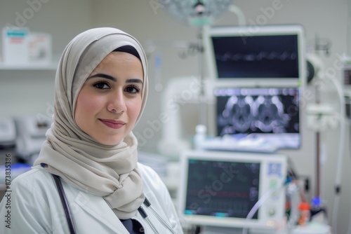 A woman wearing a headscarf sits in a hospital room, An innovative healthcare company led by a Muslim businesswoman, dedicated to providing quality medical services to underserved communities