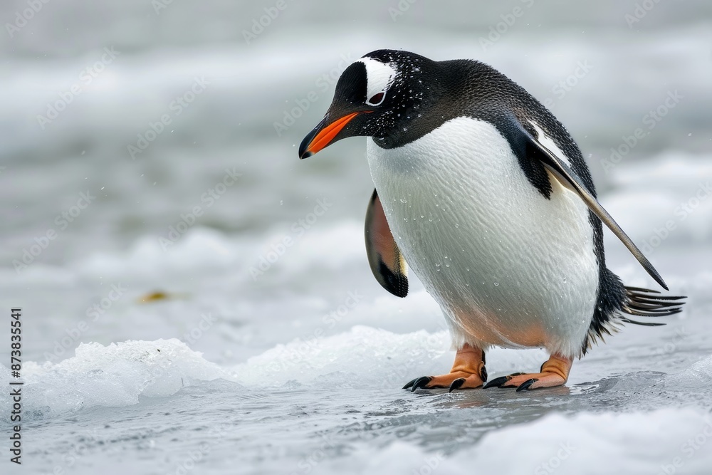 Fototapeta premium A penguin standing on ice in the water, looking inquisitive and waddling around, An inquisitive penguin waddling on the ice
