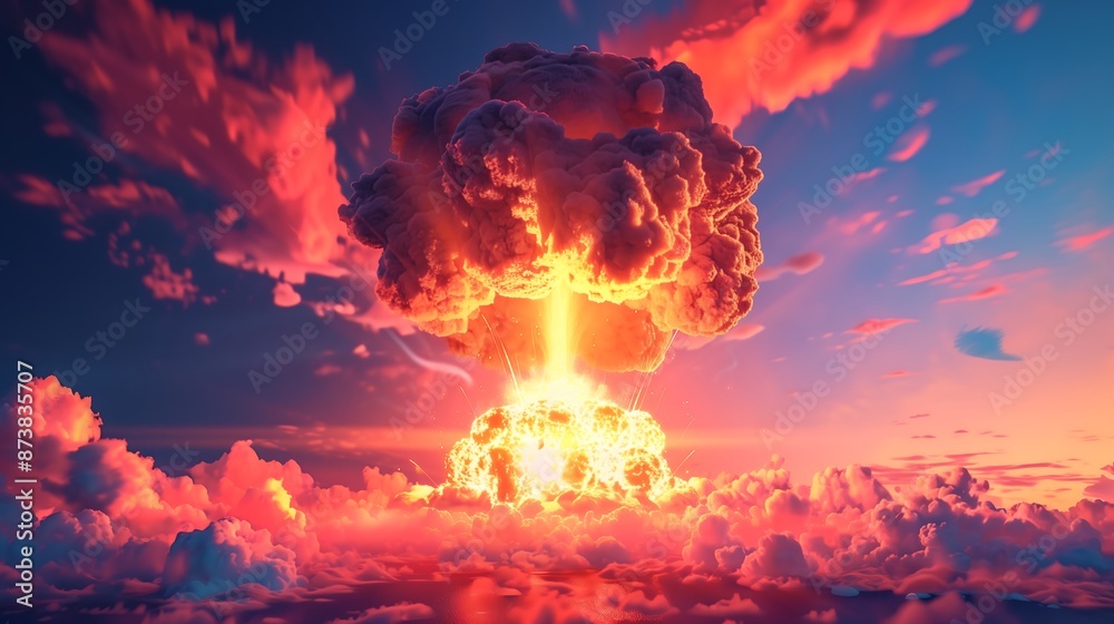Fiery explosion with vibrant orange and pink clouds illuminating the sky during an intense event Fiery explosion with vibrant orange and pink clouds illuminating the sky during an intense event