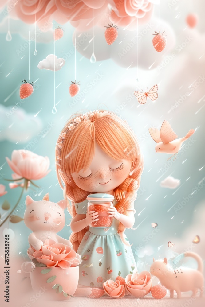 A girl with red hair holding a jar of strawberry jam, surrounded by a cat, bird, butterfly, flowers, and rainclouds. A girl with red hair holding a jar of strawberry jam, surrounded by a cat, bird, butterfly, flowers, and rainclouds.