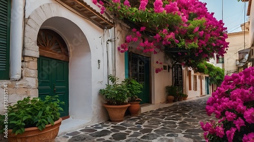 Charming Greek Street With Vibrant Bougainvillea © Denny
