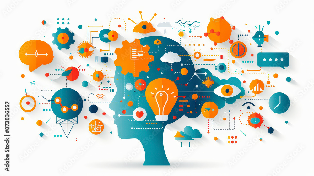Think Innovatively : A silhouette of a human head filled with colorful icons and symbols, representing ideas, technology, innovation, and interconnectedness. Think Innovatively : A silhouette of a human head filled with colorful icons and symbols, representing ideas, technology, innovation, and interconnectedness.