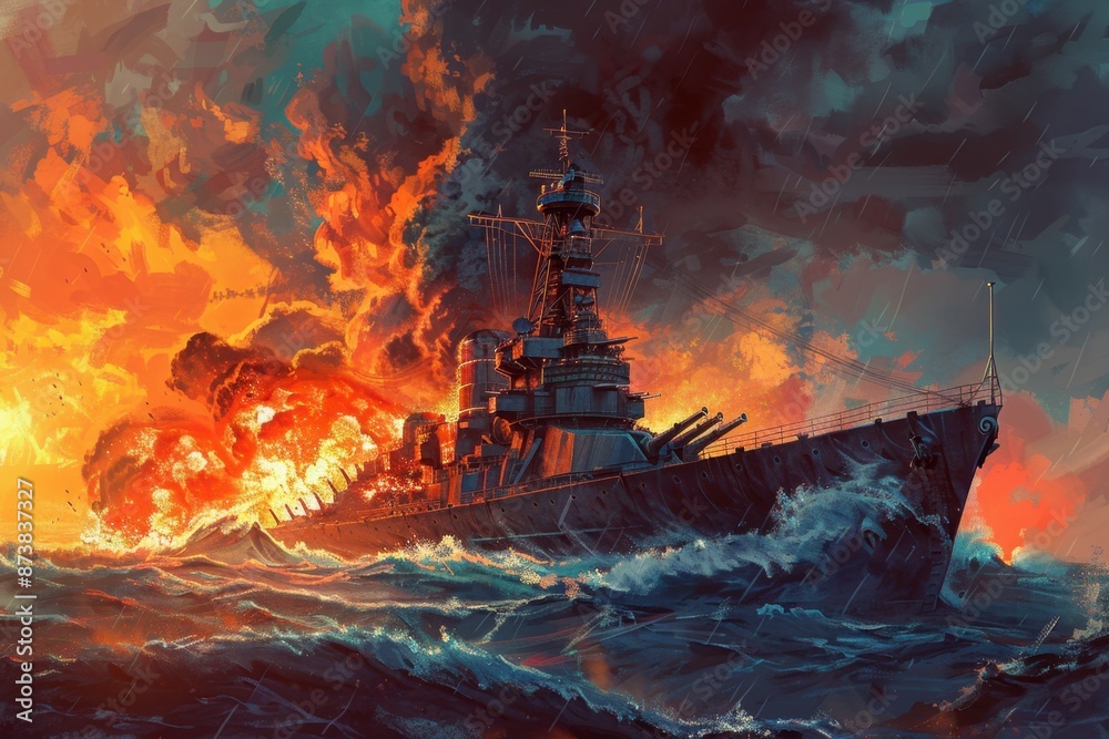Fototapeta premium Battleship in a Stormy Sea with Fiery Explosions