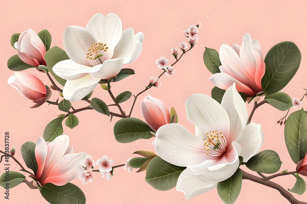 Fototapeta premium Elegant watercolor illustration of blooming magnolia flowers on a soft pastel background.