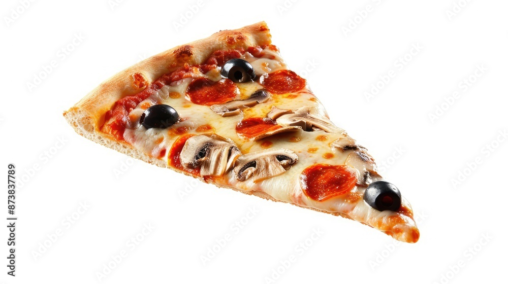 Mid-air pizza slice with mushrooms and olives, isolated on white