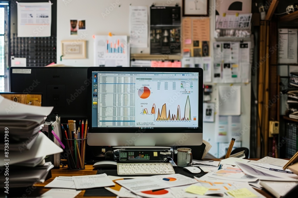A desktop computer placed on a wooden desk in an office setting, An office filled with paper reports and documents, with a computer monitor showing data visualizations