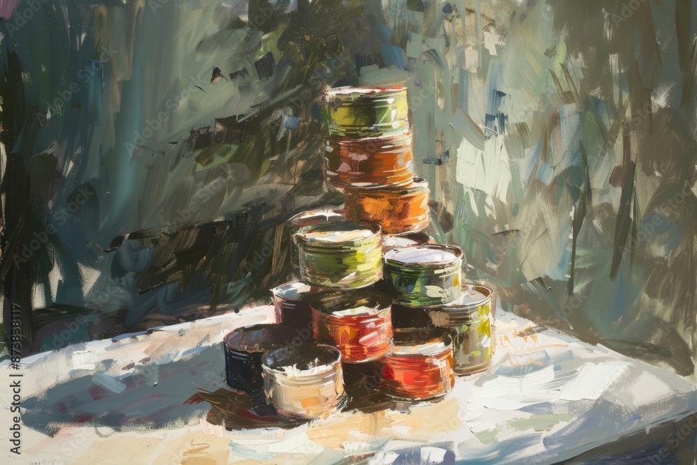 Fototapeta premium Oil painting depicting a stack of colorful paint jars on a table, An oil painting of a stack of canned goods melting in the sun