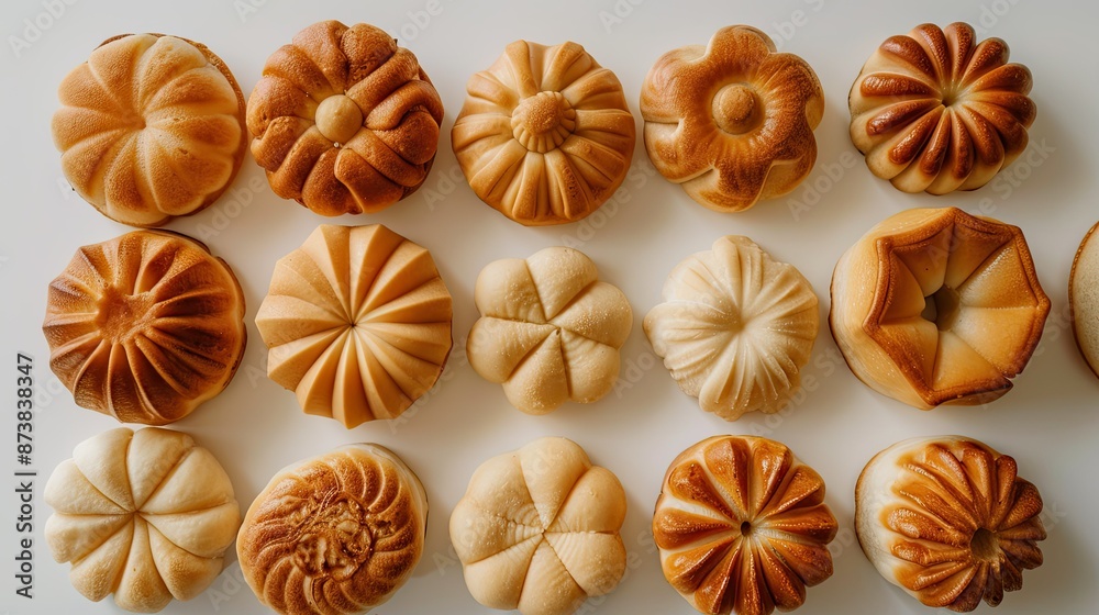 Mochi Bread arranged in a circle on a white background, top view, highlighting their unique shapes Mochi Bread arranged in a circle on a white background, top view, highlighting their unique shapes
