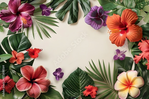 Tropical floral border with vibrant hibiscus, plumeria, and lush green leaves on a light background. © Ben Kuang