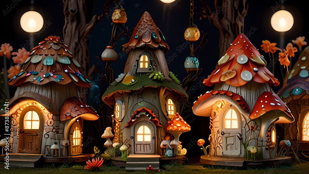 Fototapeta premium Illustration of a mushroom-shaped house in the middle of a dark forest with lights shining from the window