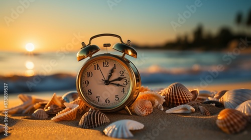 Alarm clock on the sand beach and sea background