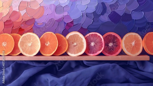   A row of cut-up grapefruits rests atop a wooden shelf, set against a vibrant backdrop photo